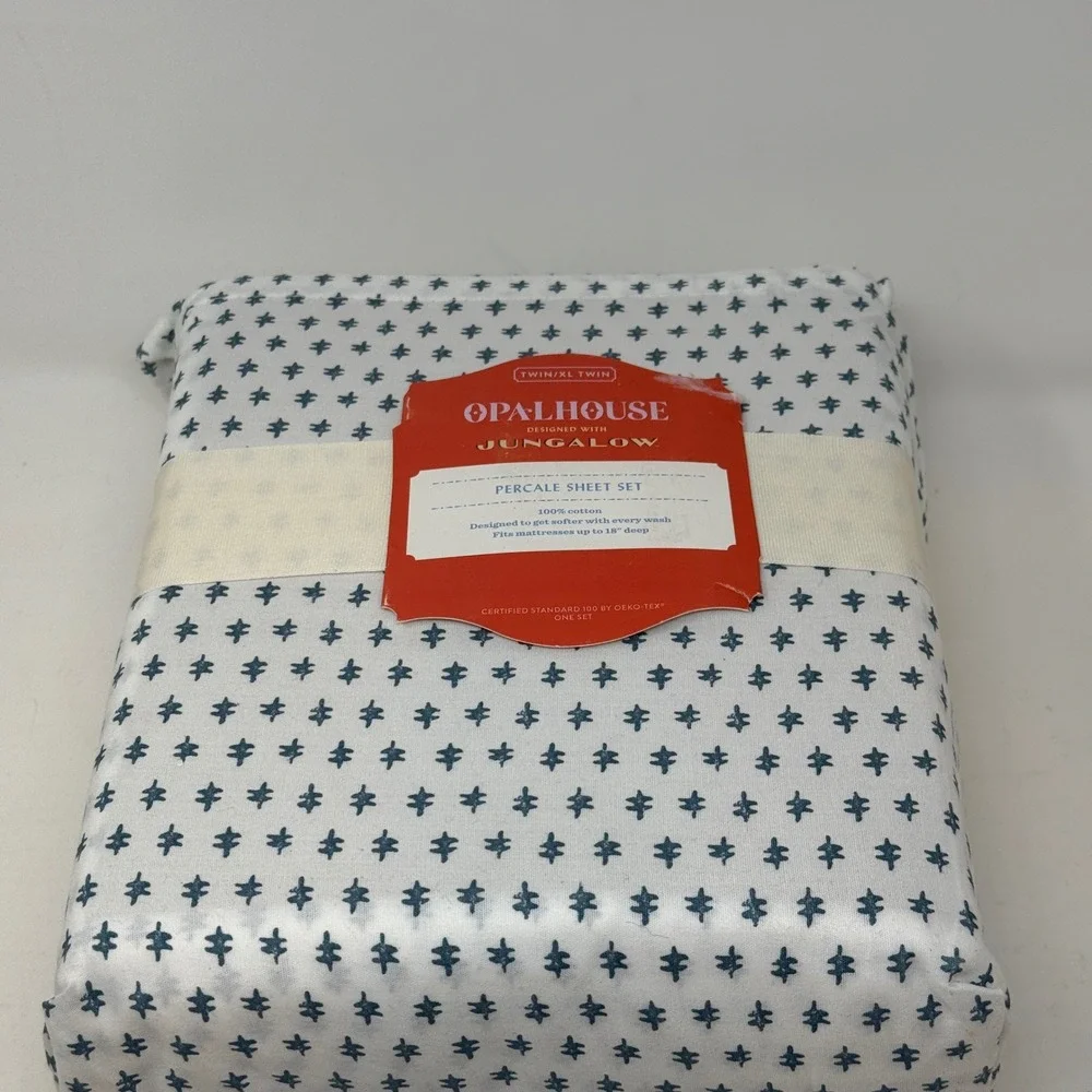 Opalhouse Jungalow Twin XL Percale Sheet Set Teal Dash White Cotton 3pc